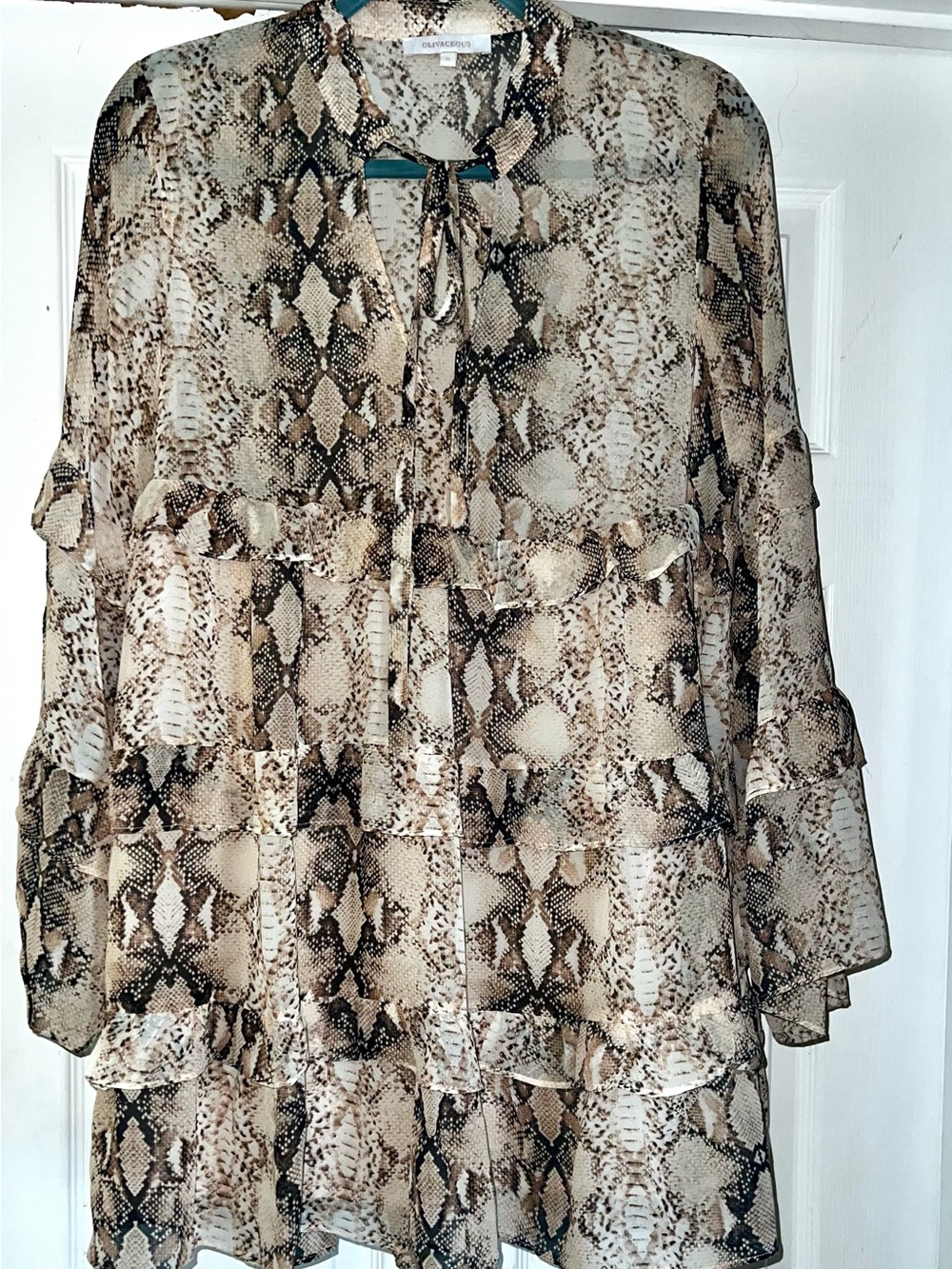 Olivaceous Beige and Brown Snake-Print Tiered V-Neck Mini Dress - Picture 5 of 6
